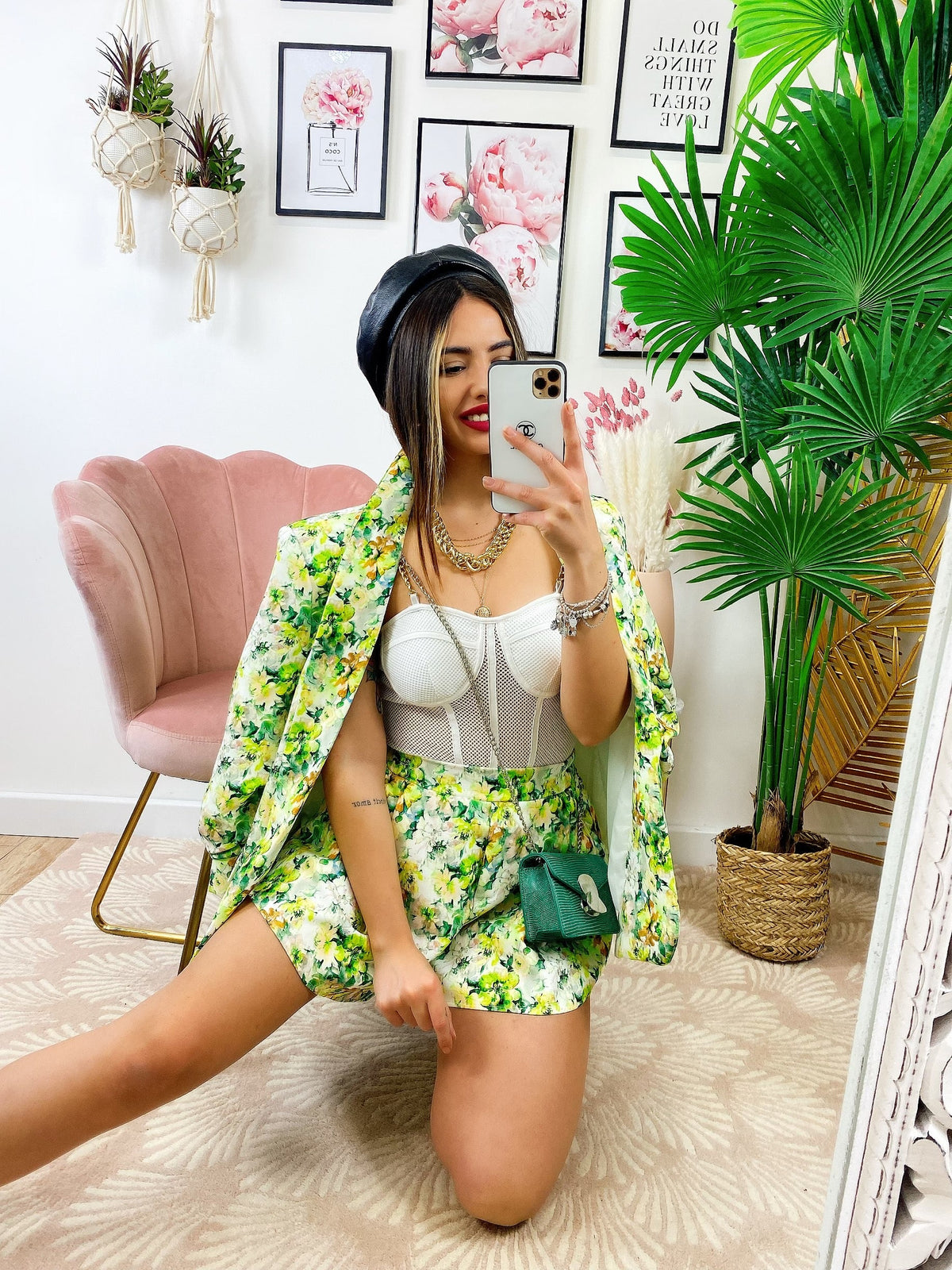 Completo Giacca e Short fiori lime