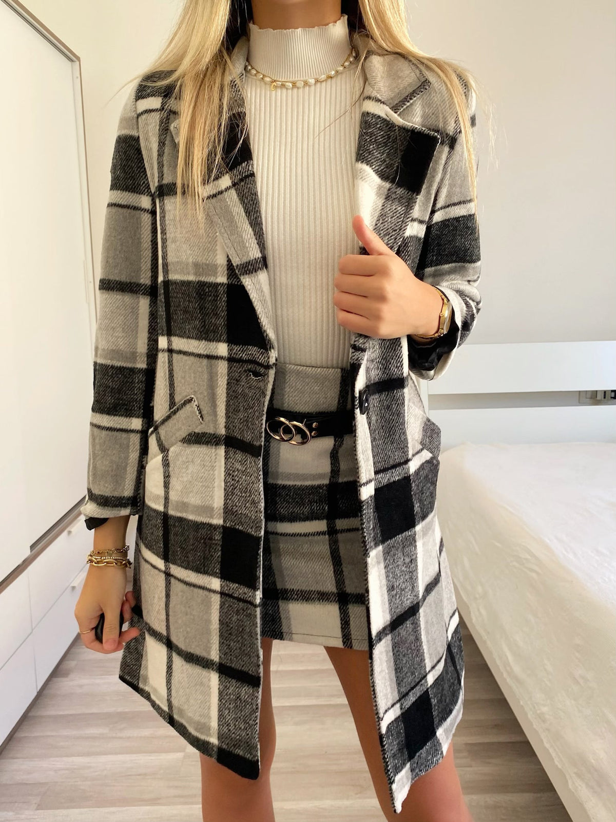 Cappotto check bianco nero