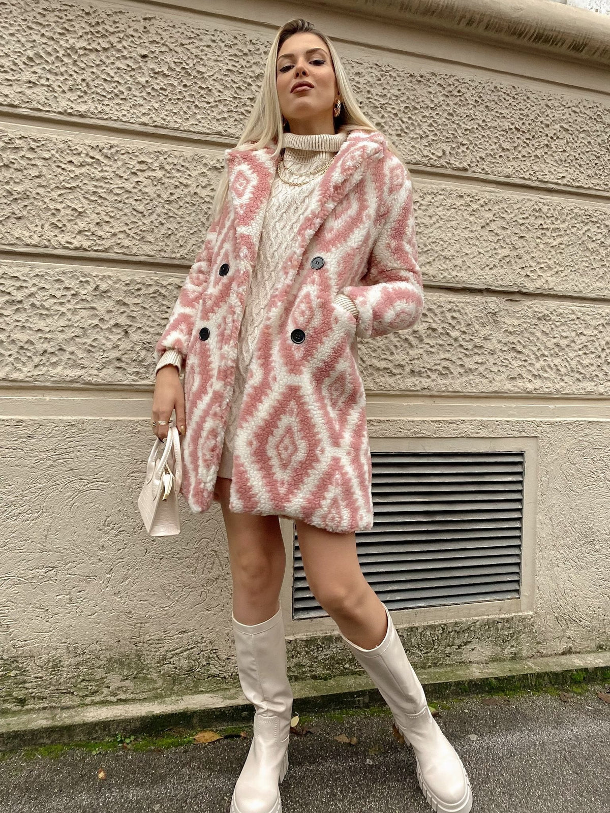 Cappotto Teddy bianco rosa