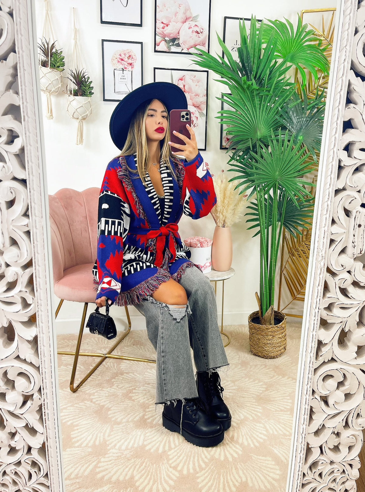 Cardigan con frange rosso blu
