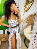 Abito in raso con maxi spacco bianco pois nero