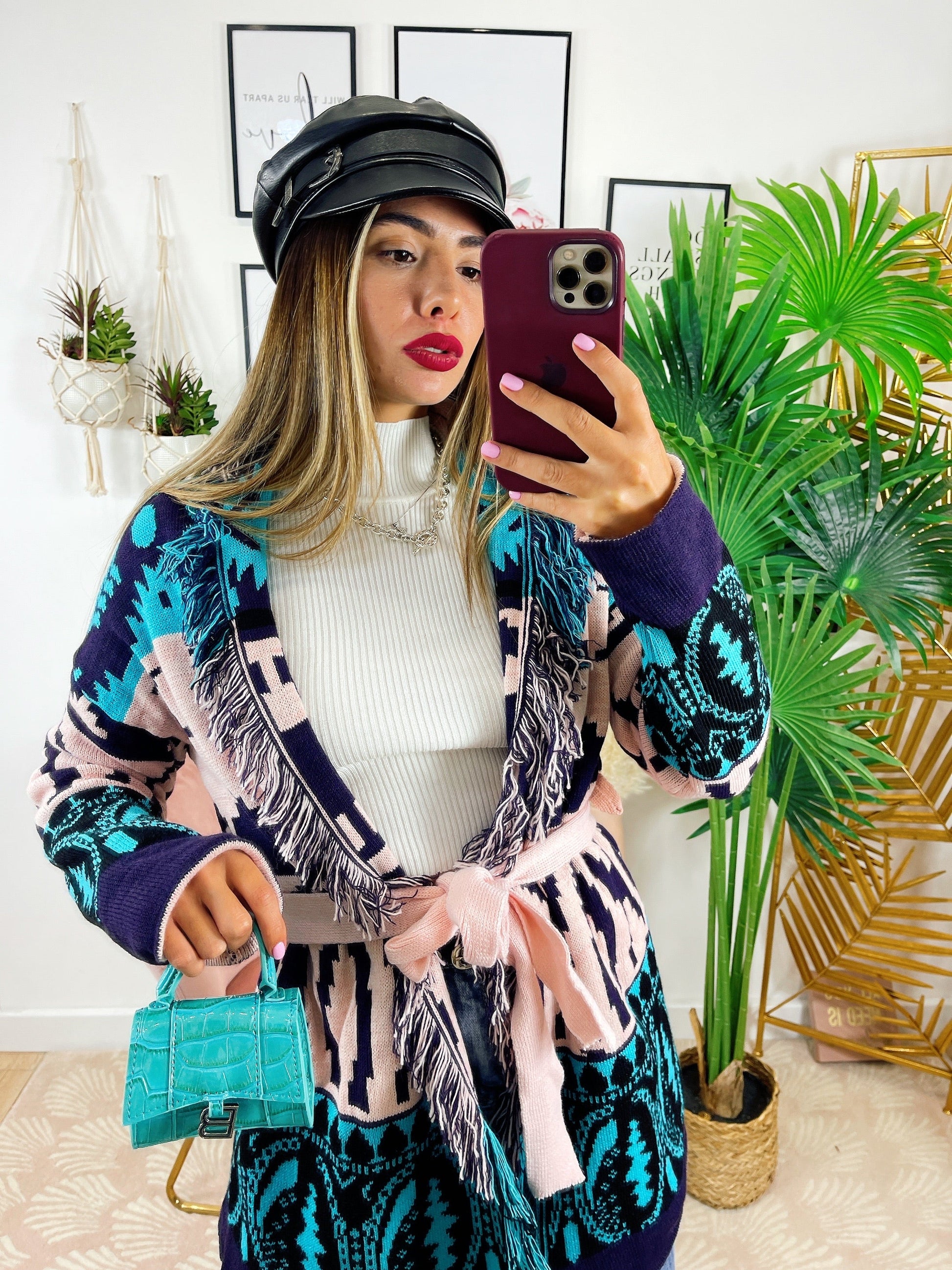 Cardigan con frange e cinta dettaglio Celeste