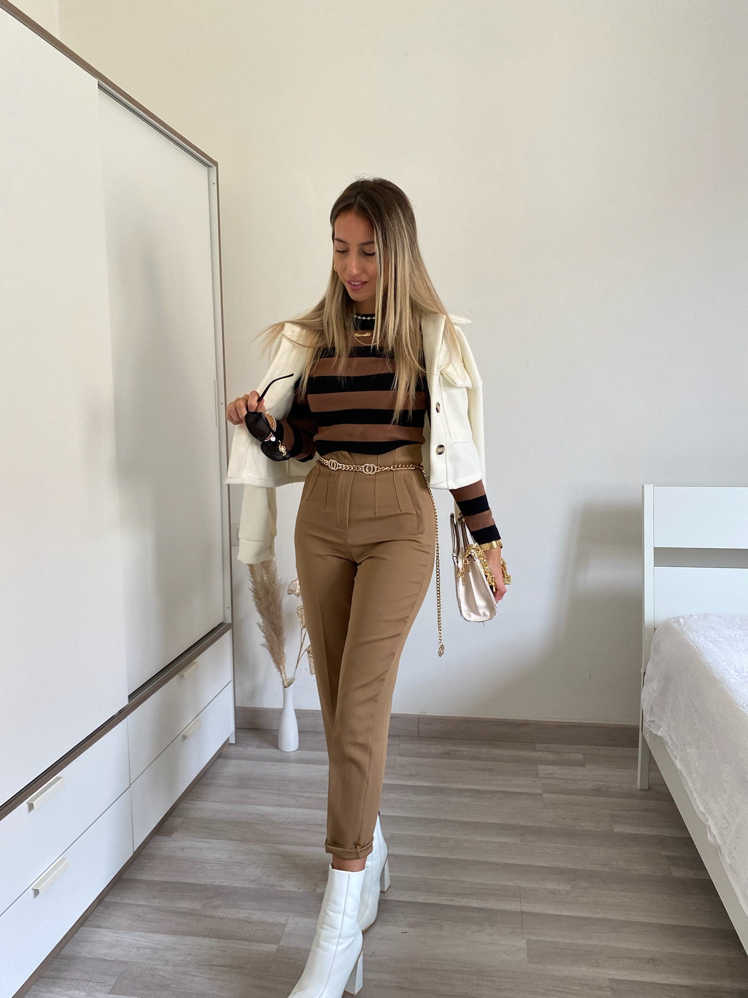 Maglioncino a righe Nero Camel