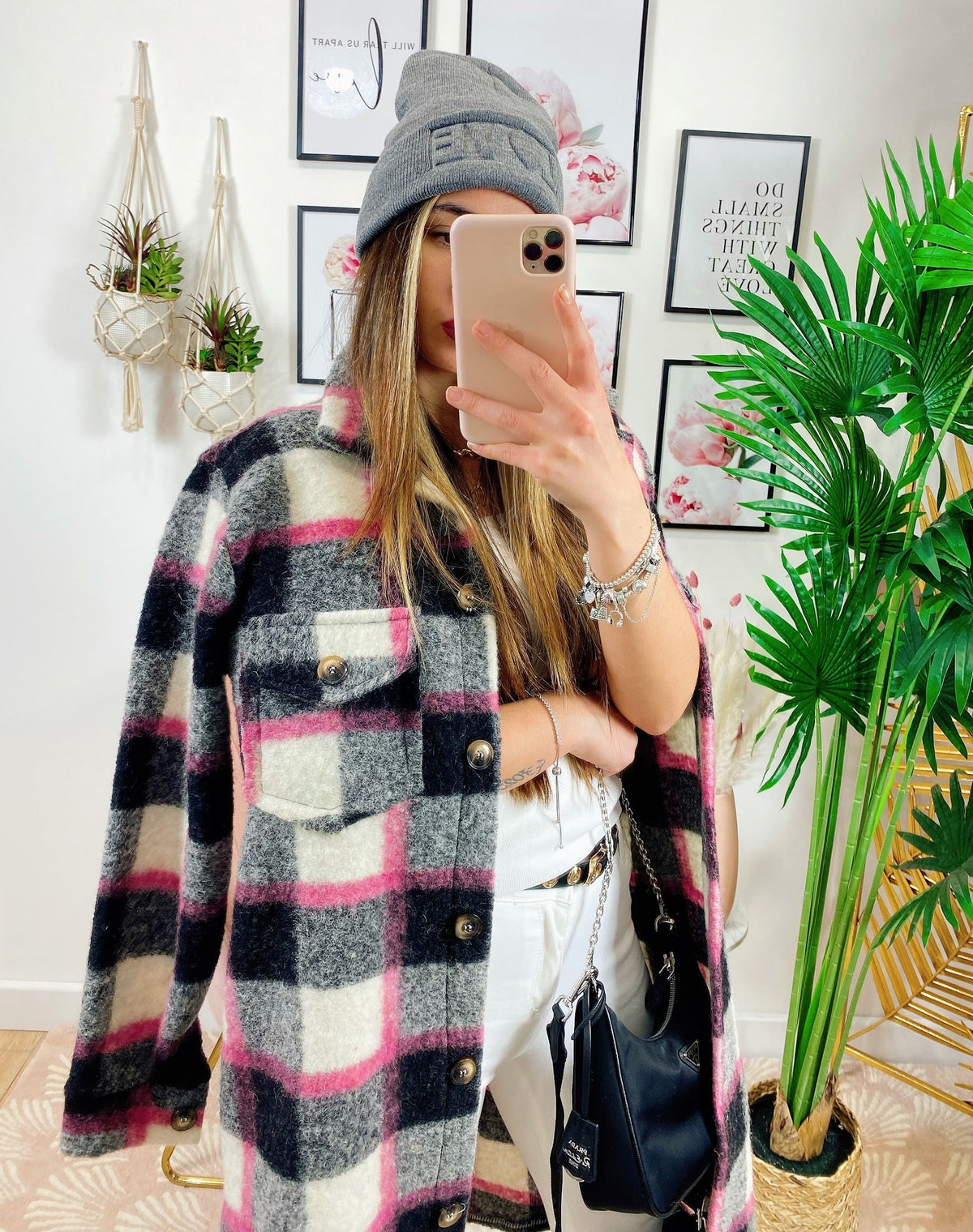 Giacca a quadri lunga Black dettaglio fucsia