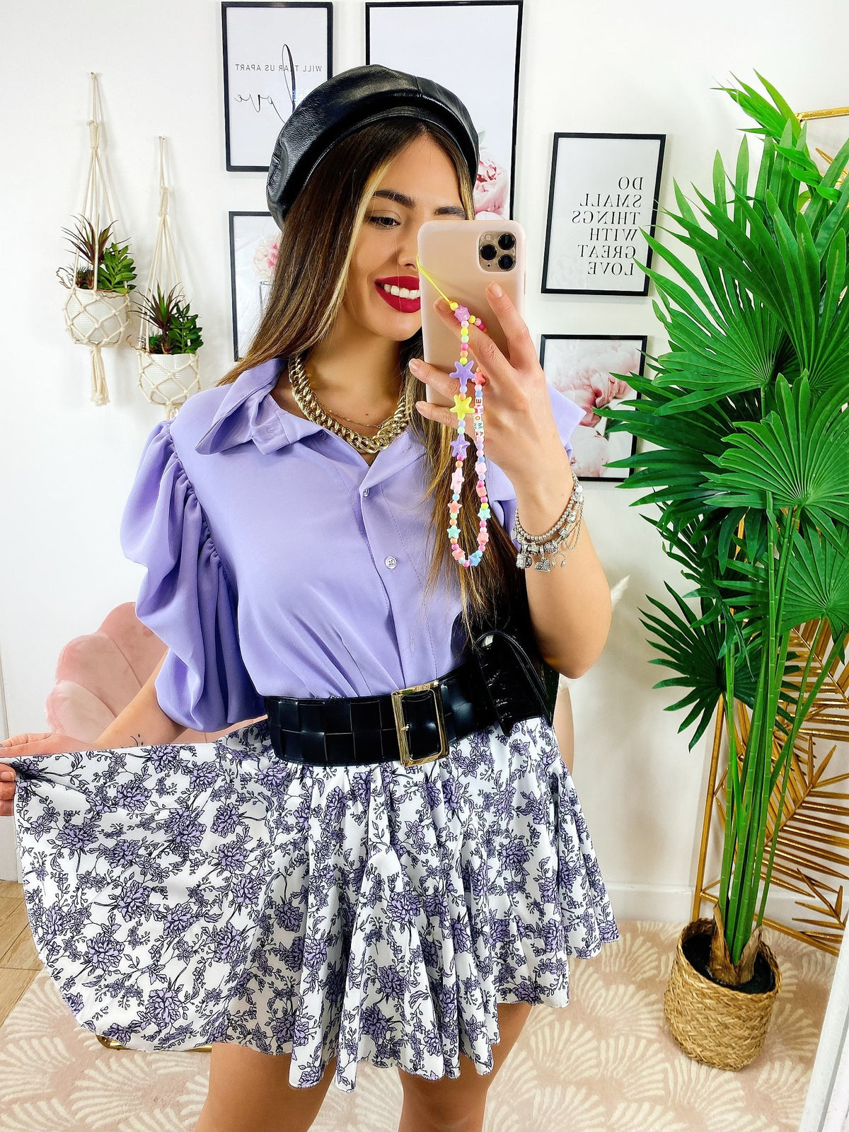 Camicia lilla con manica arricciata