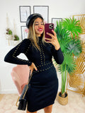 Abito in maglia con borchie oro base nera