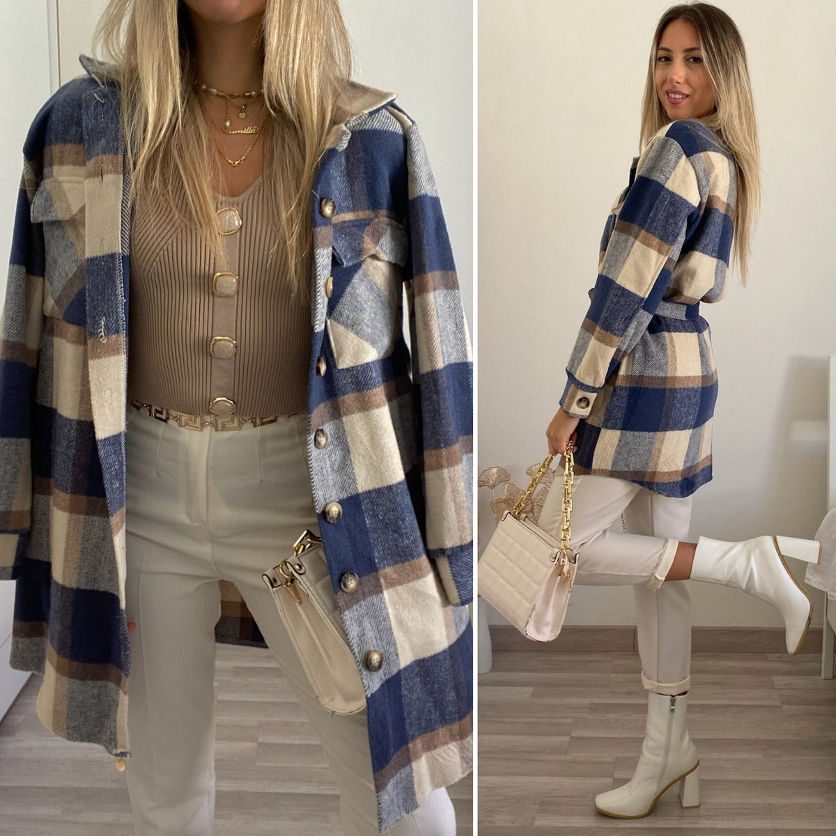 Giacca check nude e blu
