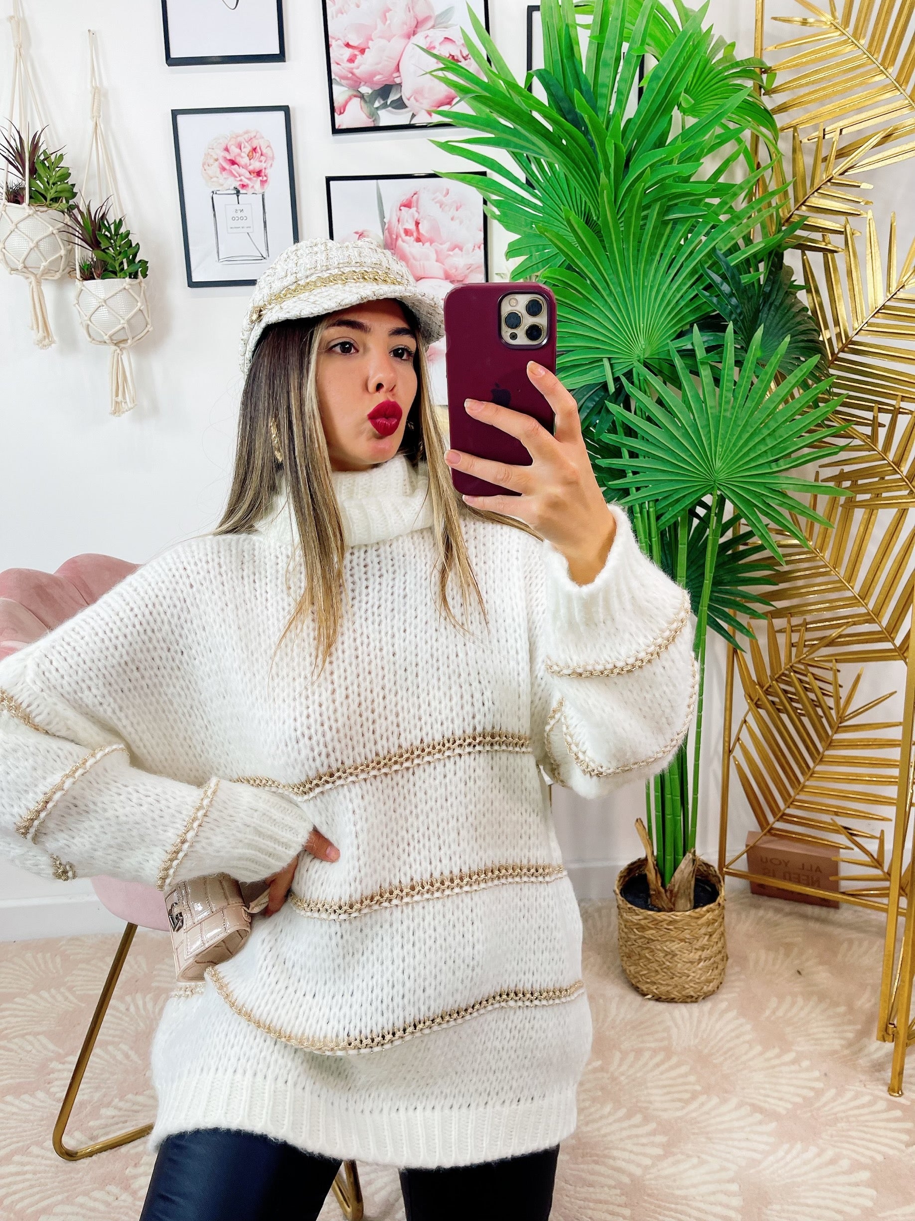 Maglione a collo alto Bianco dettaglio oro