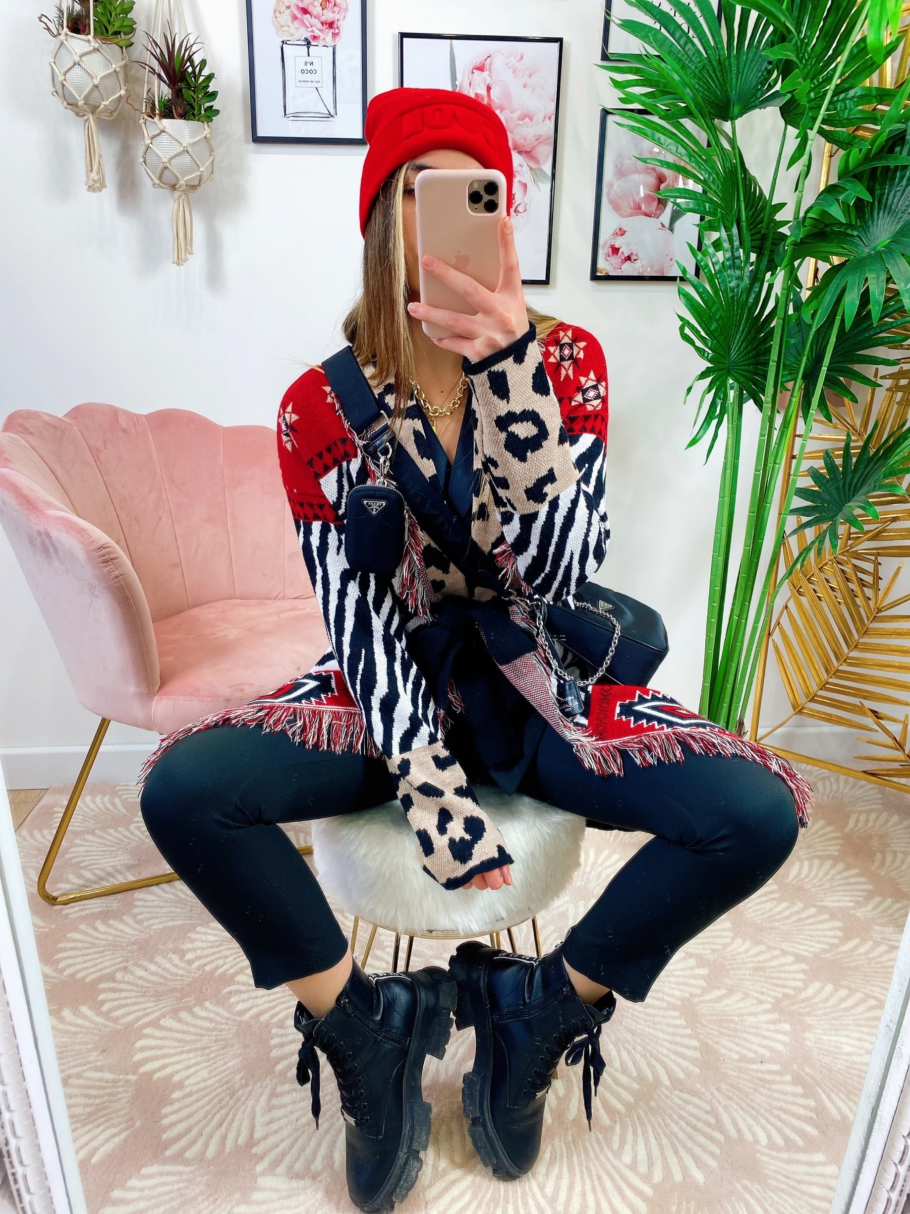 Cardigan Zebrato con frange e cinta