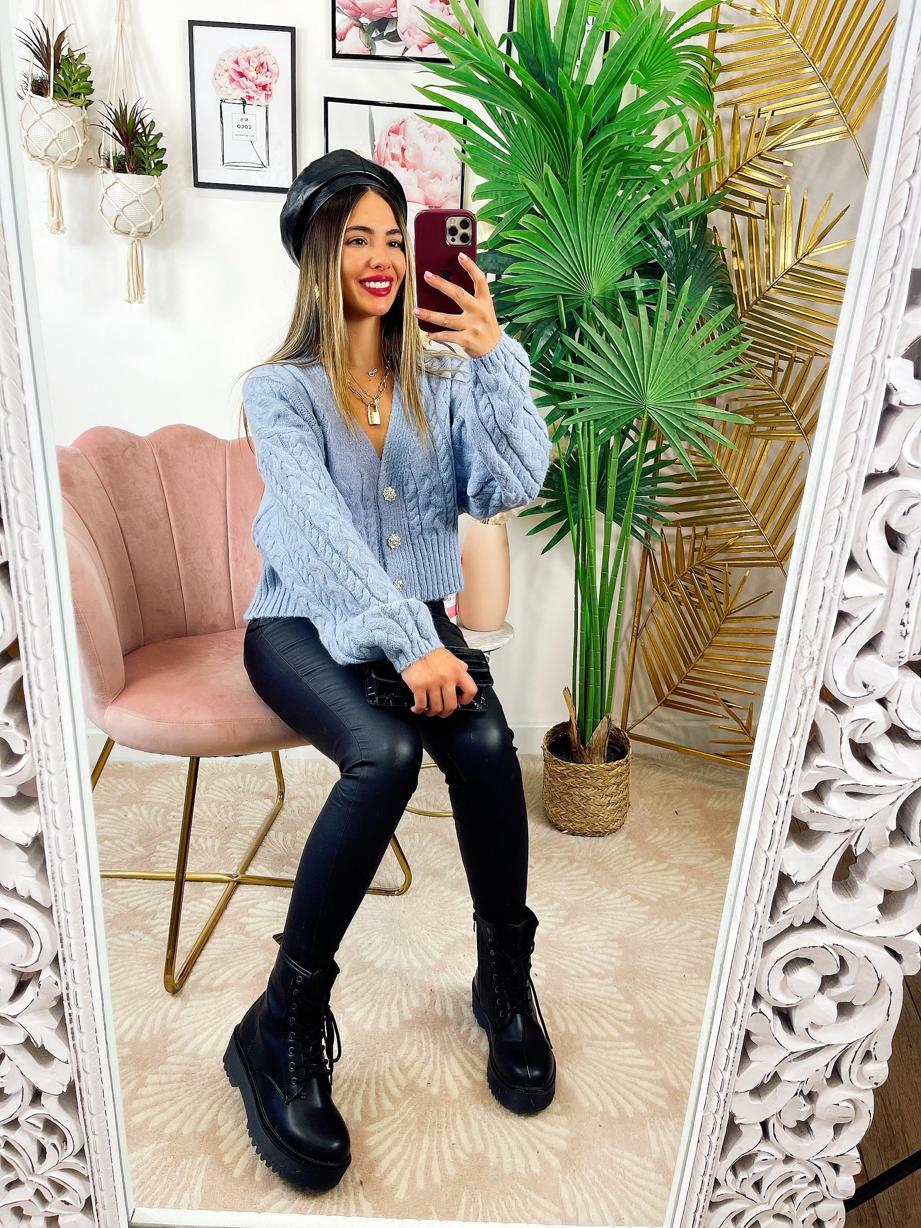 Maglione top quality blu con gioiello in strass