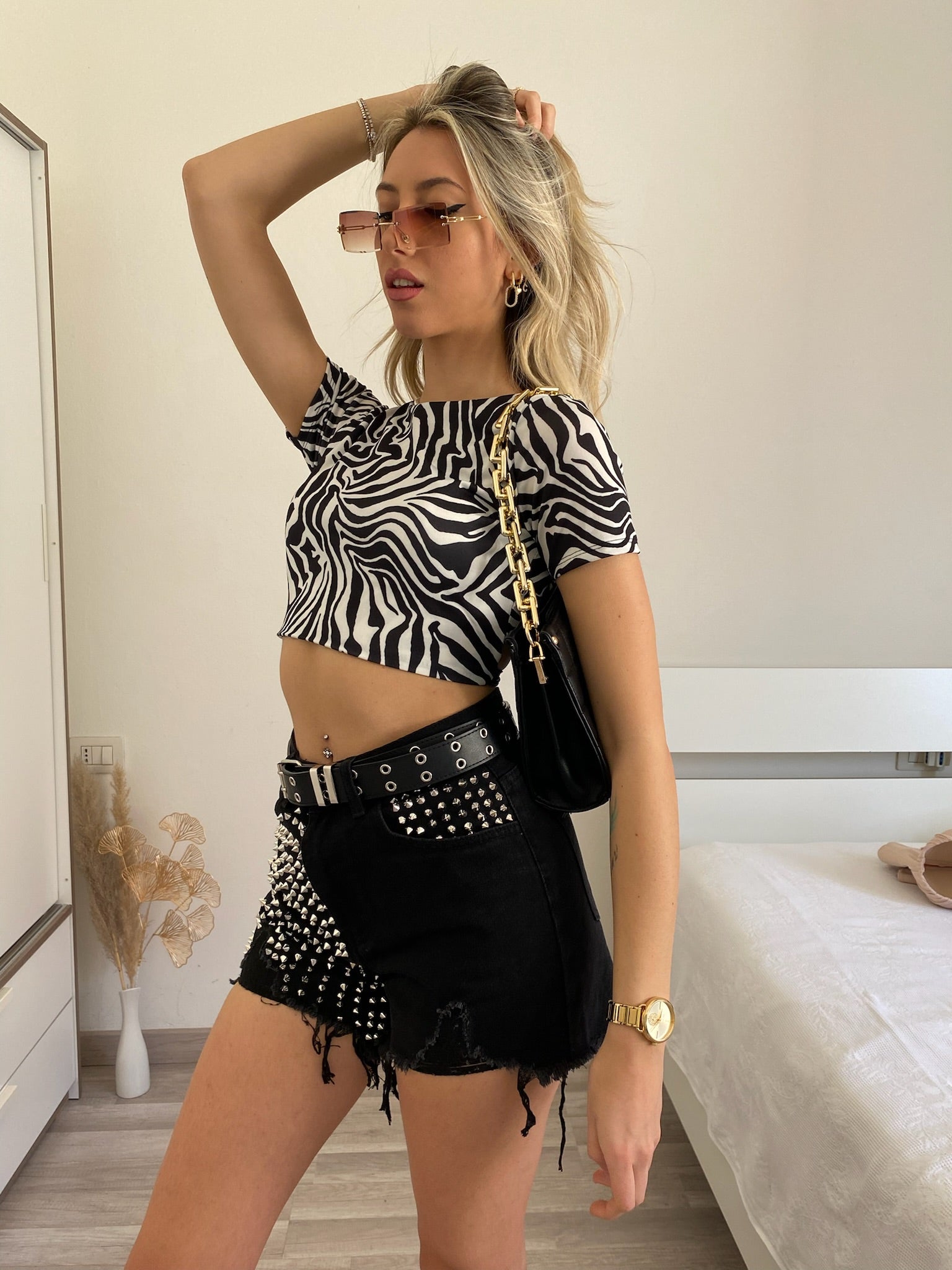 Crop top zebrato manica corta