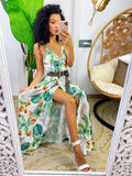 Abito in raso floreale con maxi spacco bianco