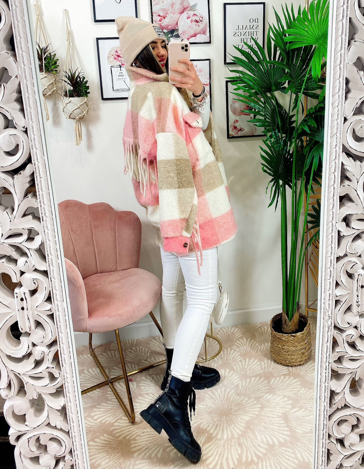 Giacca a quadri Rosa con frange