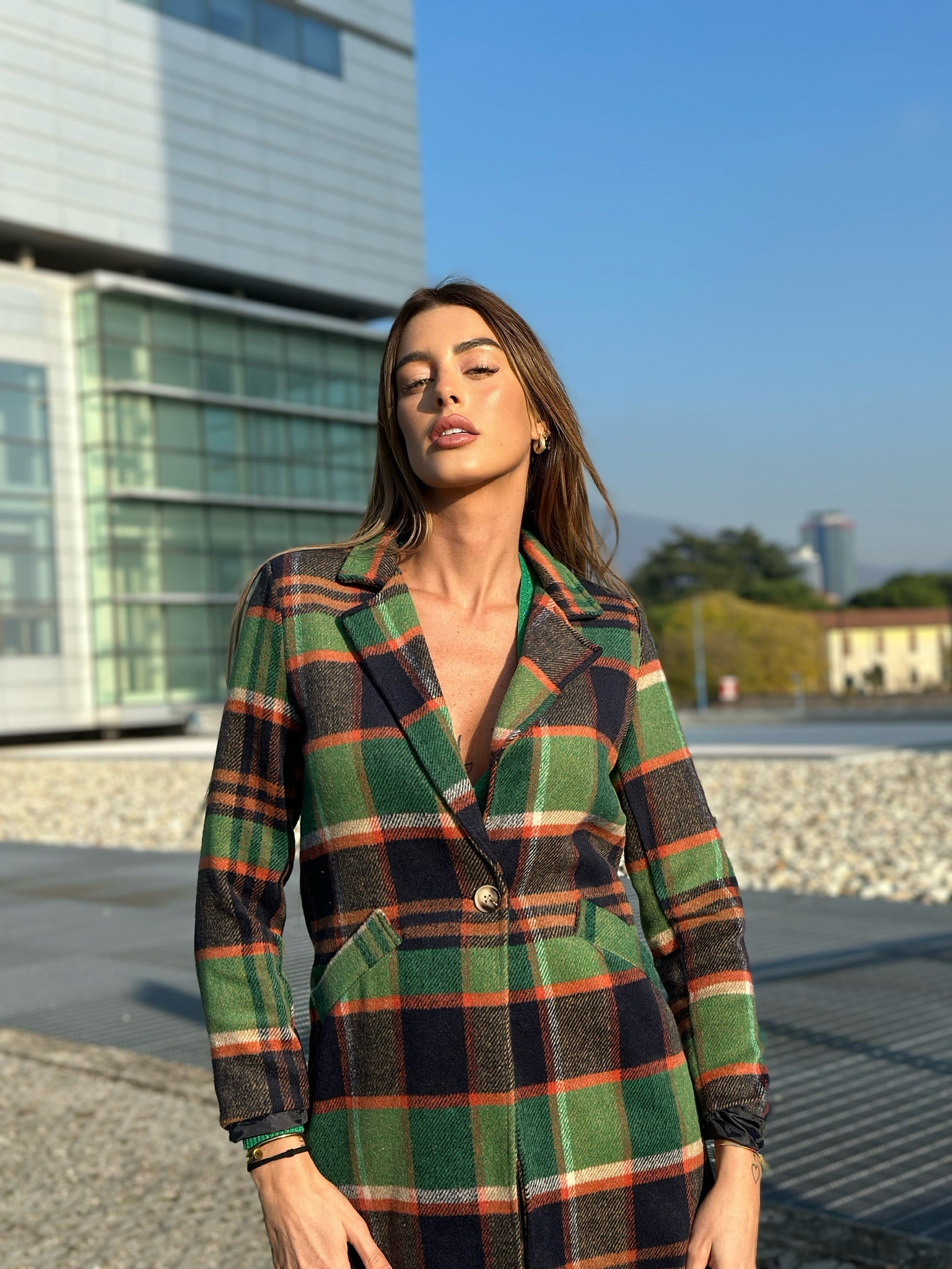 Cappotto check trama verde