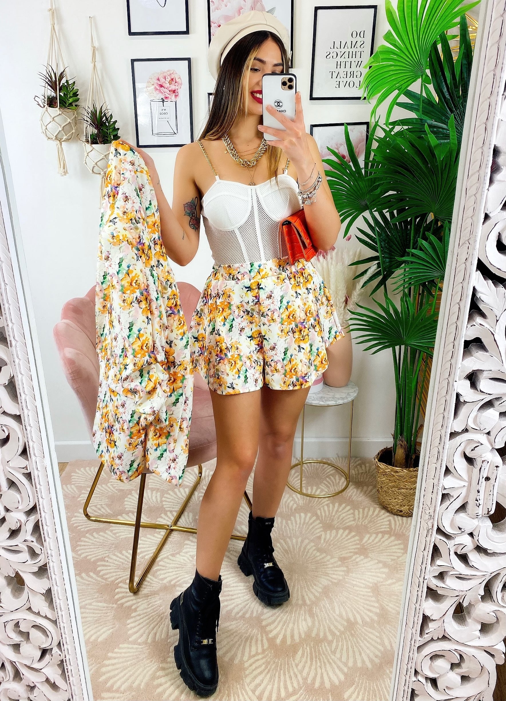 Completo Giacca e Short fiori Arancio