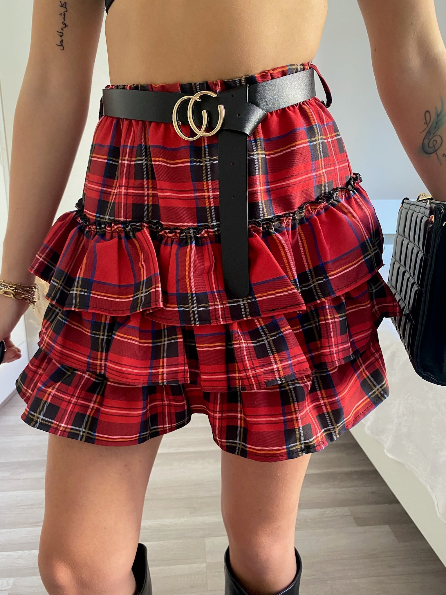 Gonna scozzese a balze con cintura
