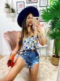 Maxi maglia floreale con catena dettagli blu