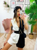 Tutina a Blazer bicolor con borsetta bianco nero