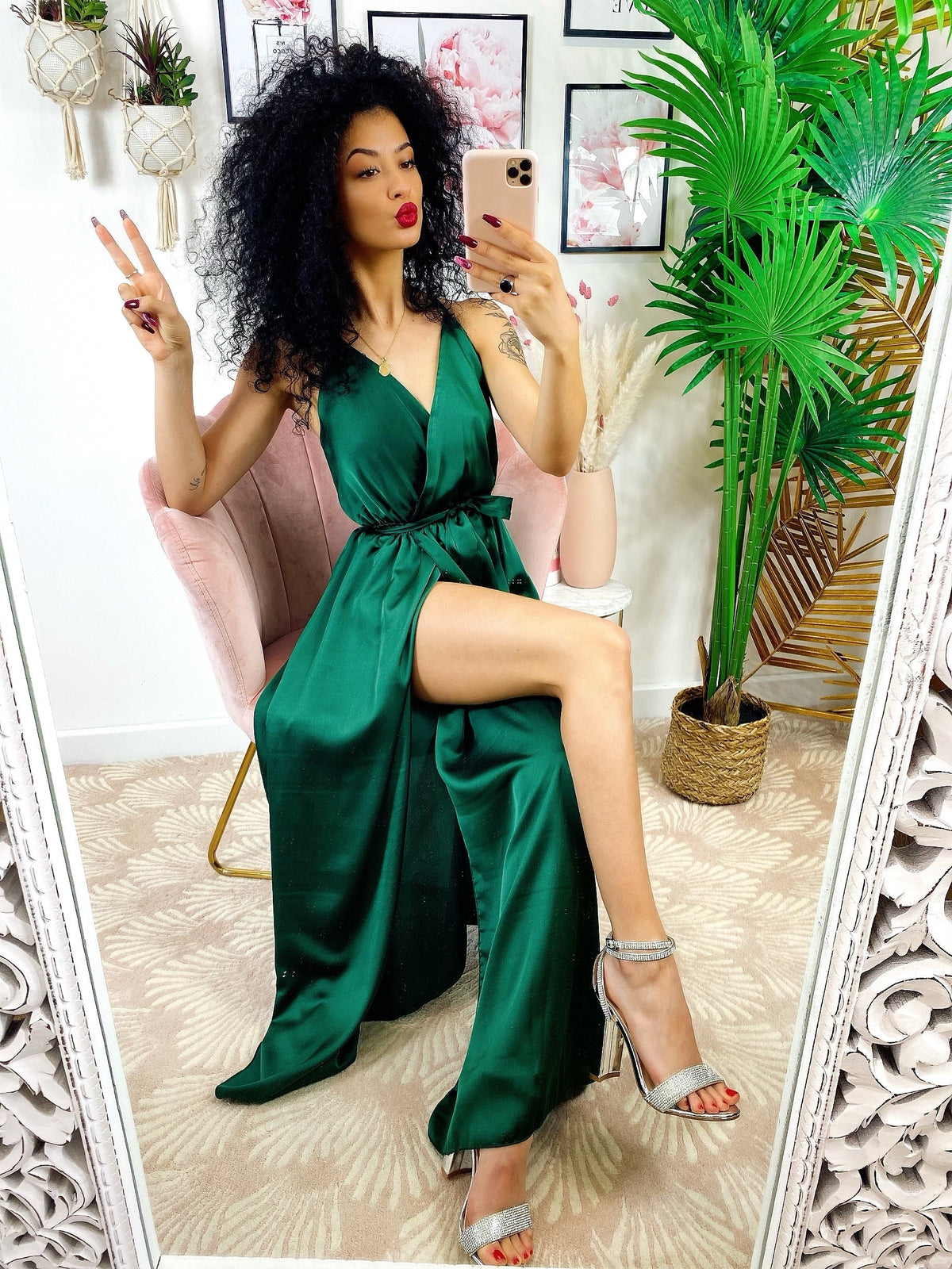 Abito in raso con maxi spacco verde bottiglia