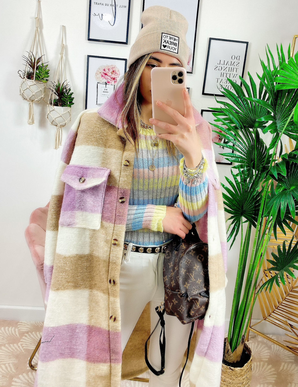 Giacca a quadri lilla/beige lunga con frange