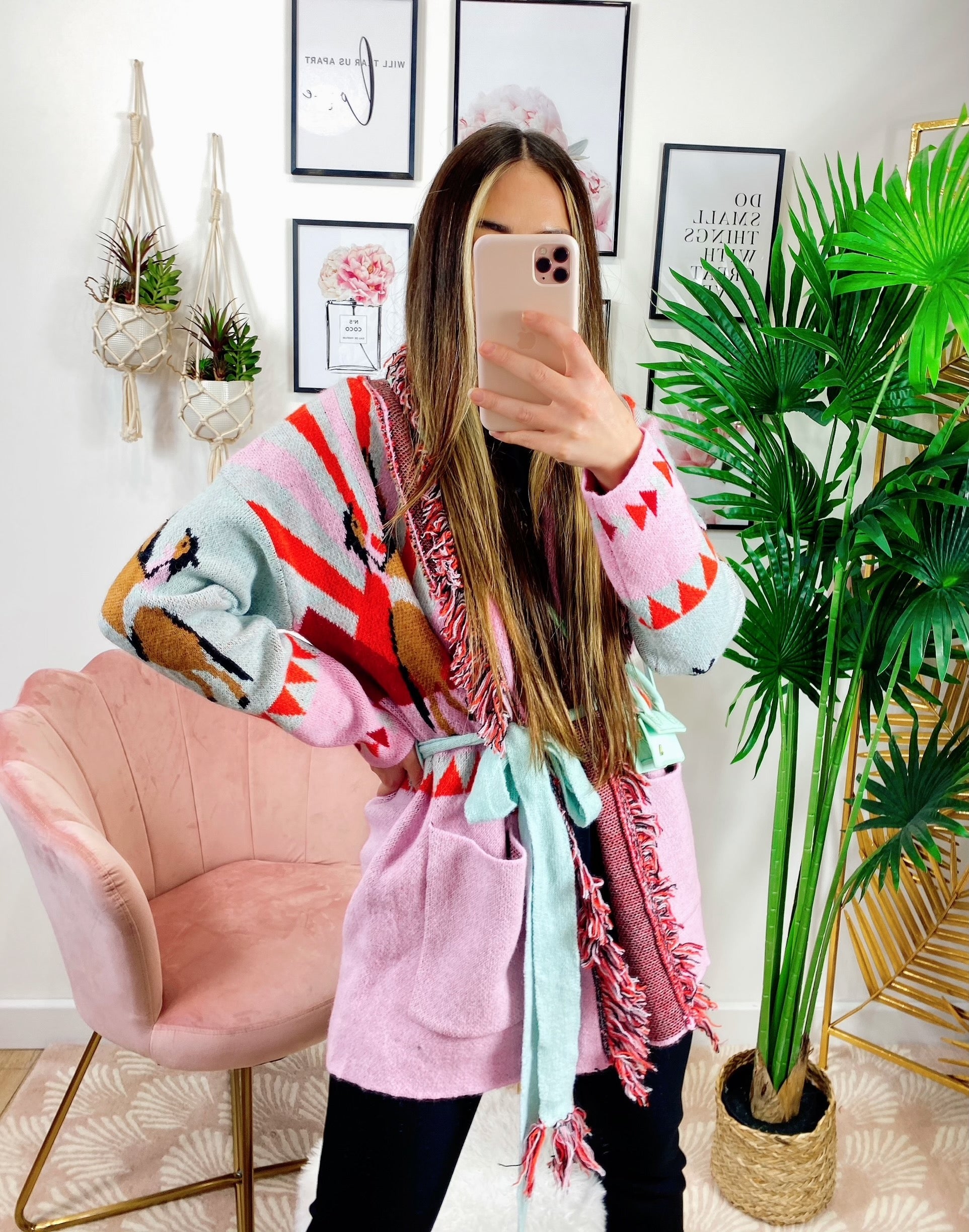 Cardigan con frange stampa cavallo Rosa