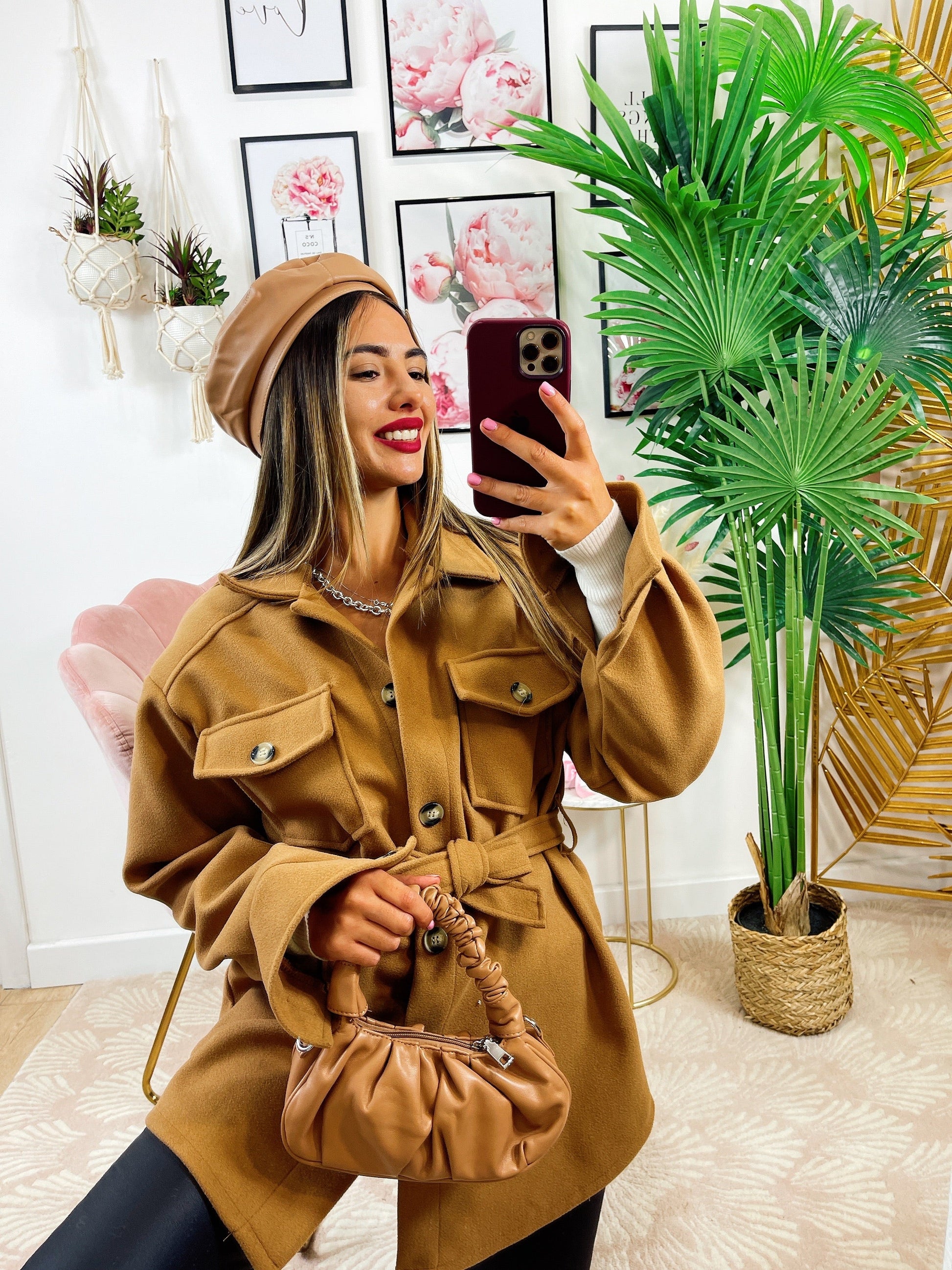 Giacca Camel in panno con cintura