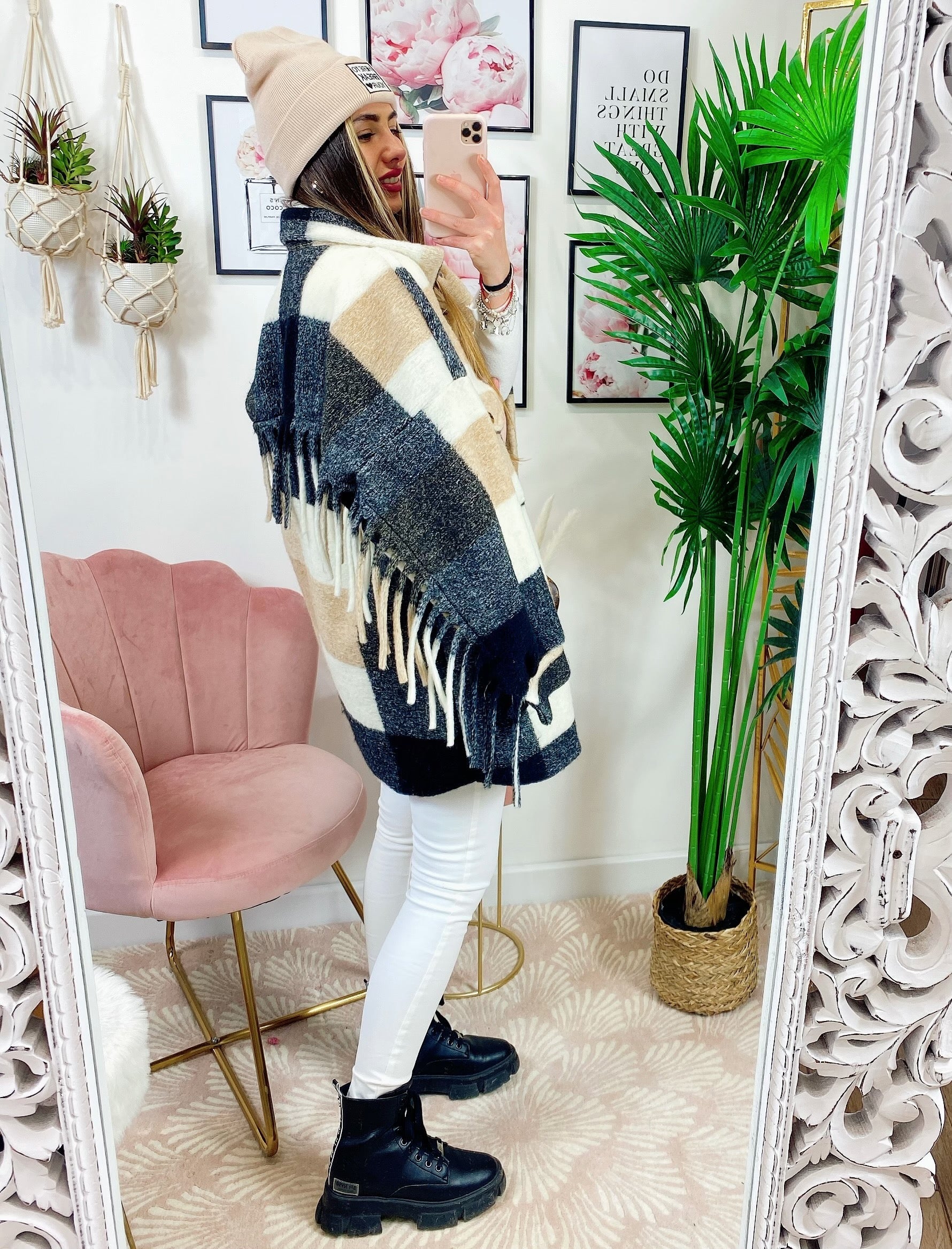 Giacca a quadri Beige con frange
