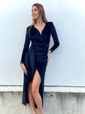 Abito lungo in velluto con maxi spacco Nero