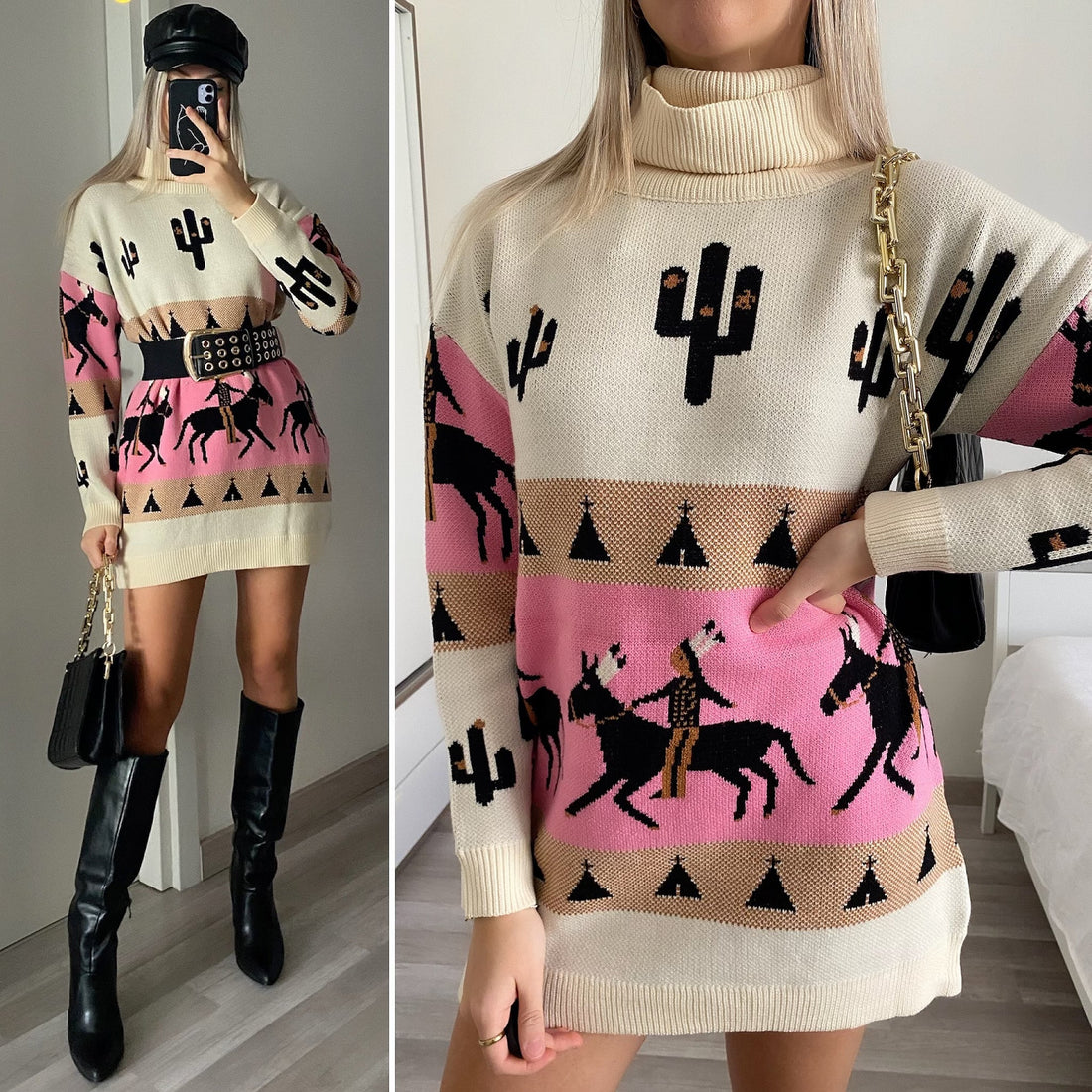 Maxi maglione collo alto con cavalli base Fuxia