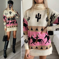 Maxi maglione collo alto con cavalli base Fuxia
