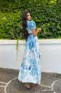 Abito lungo bianco fiori azzurri