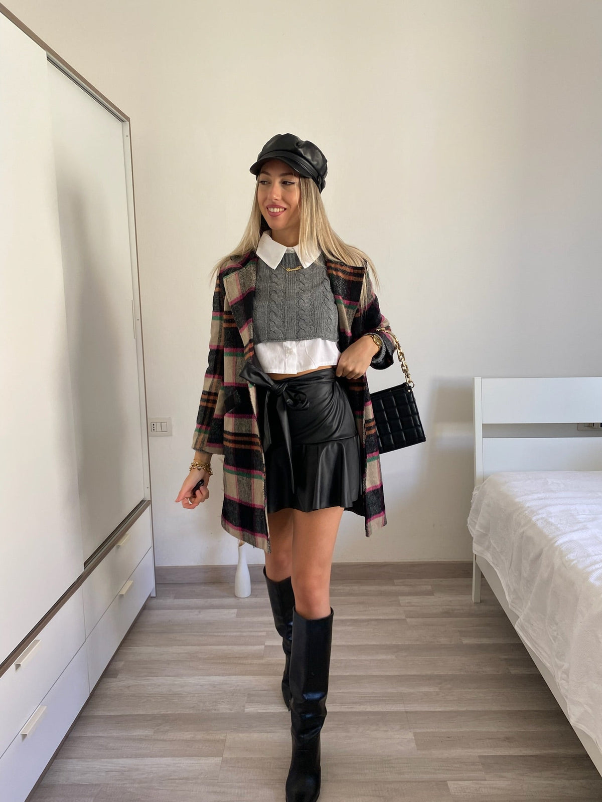 Cappotto check trama nude Fuxia