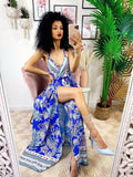 Abito maxi spacco fantasia blu