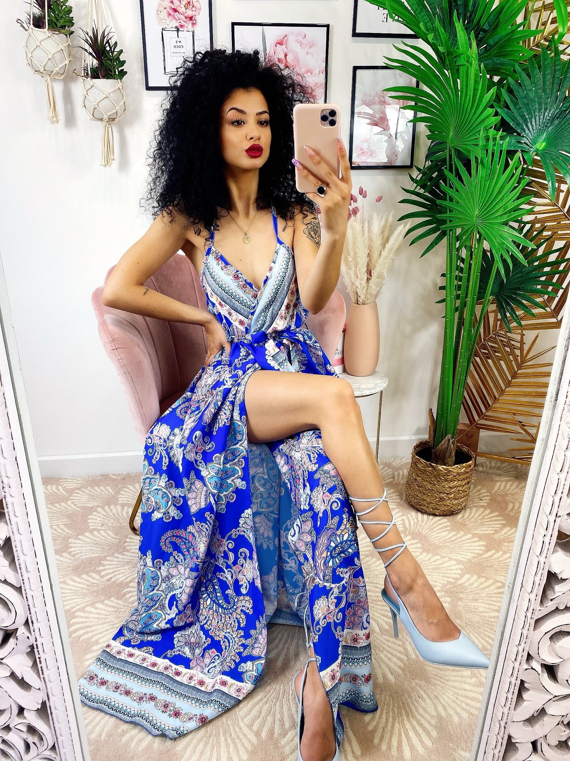 Abito maxi spacco fantasia blu