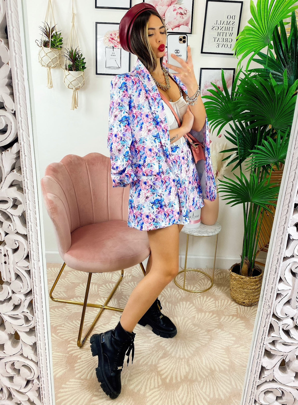 Completo Giacca e Short fiori celesti