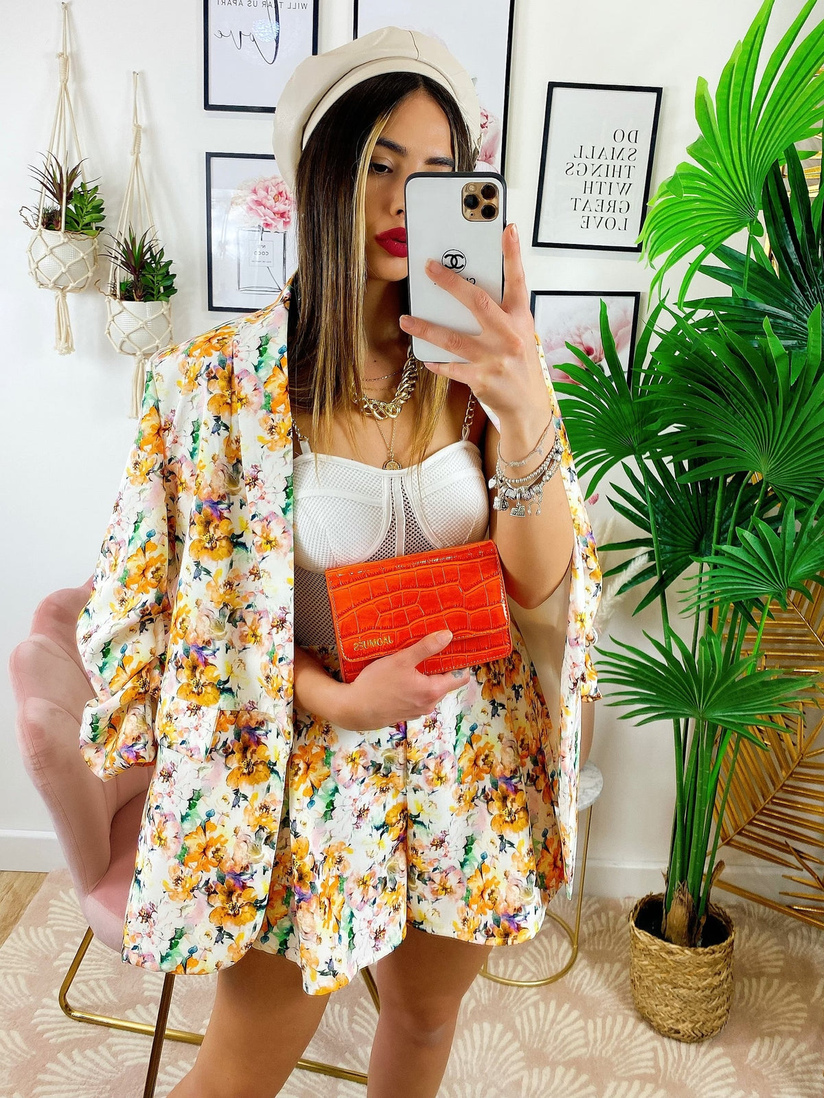 Completo Giacca e Short fiori Arancio