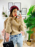 Maglione collo alto beige e oro