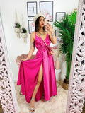 Abito in raso con maxi spacco peonia