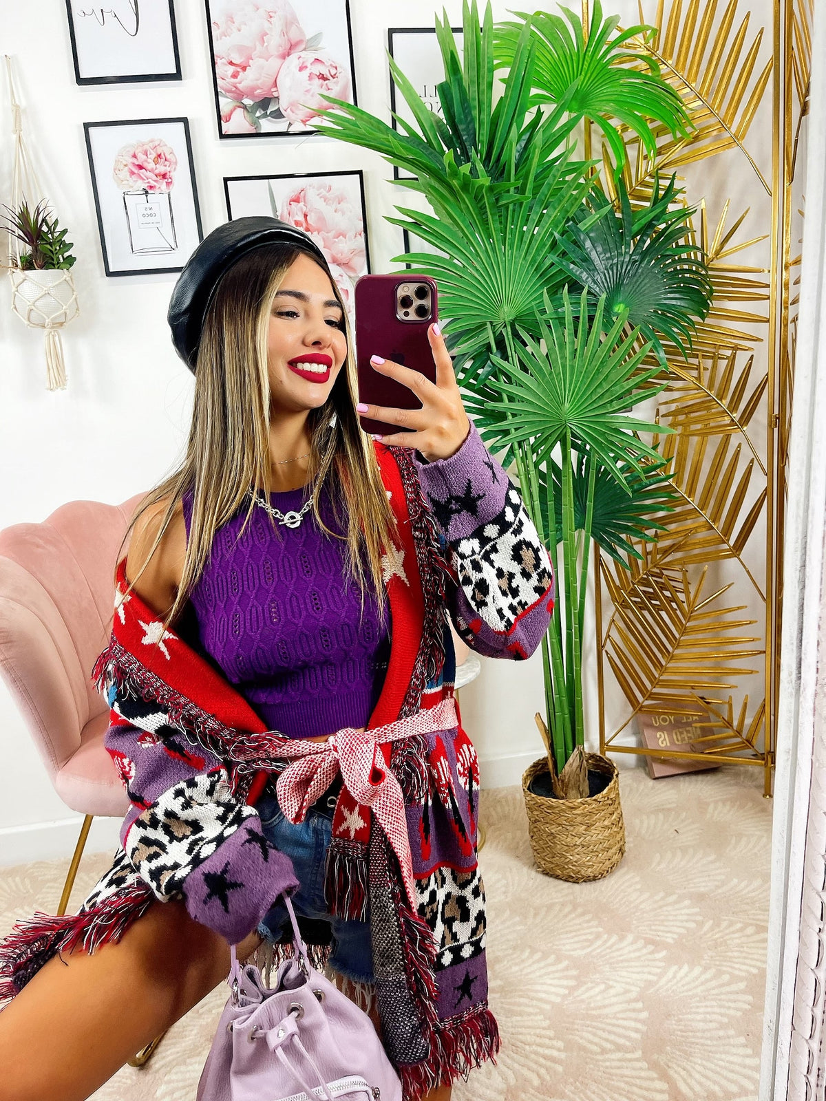 Cardigan con frange dettaglio Maculato lilla