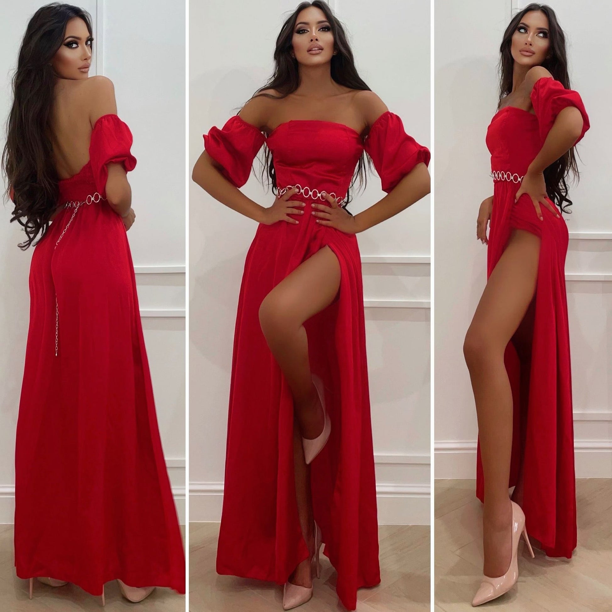 Abito rosso scollo a barchetta