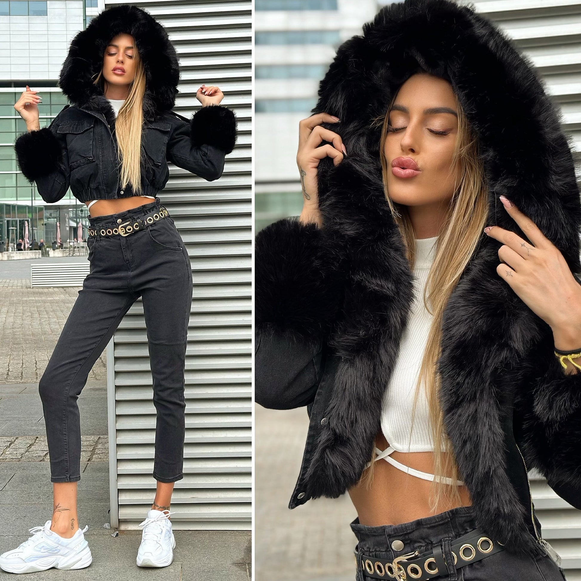 Giaccone di jeans nero pelo nero