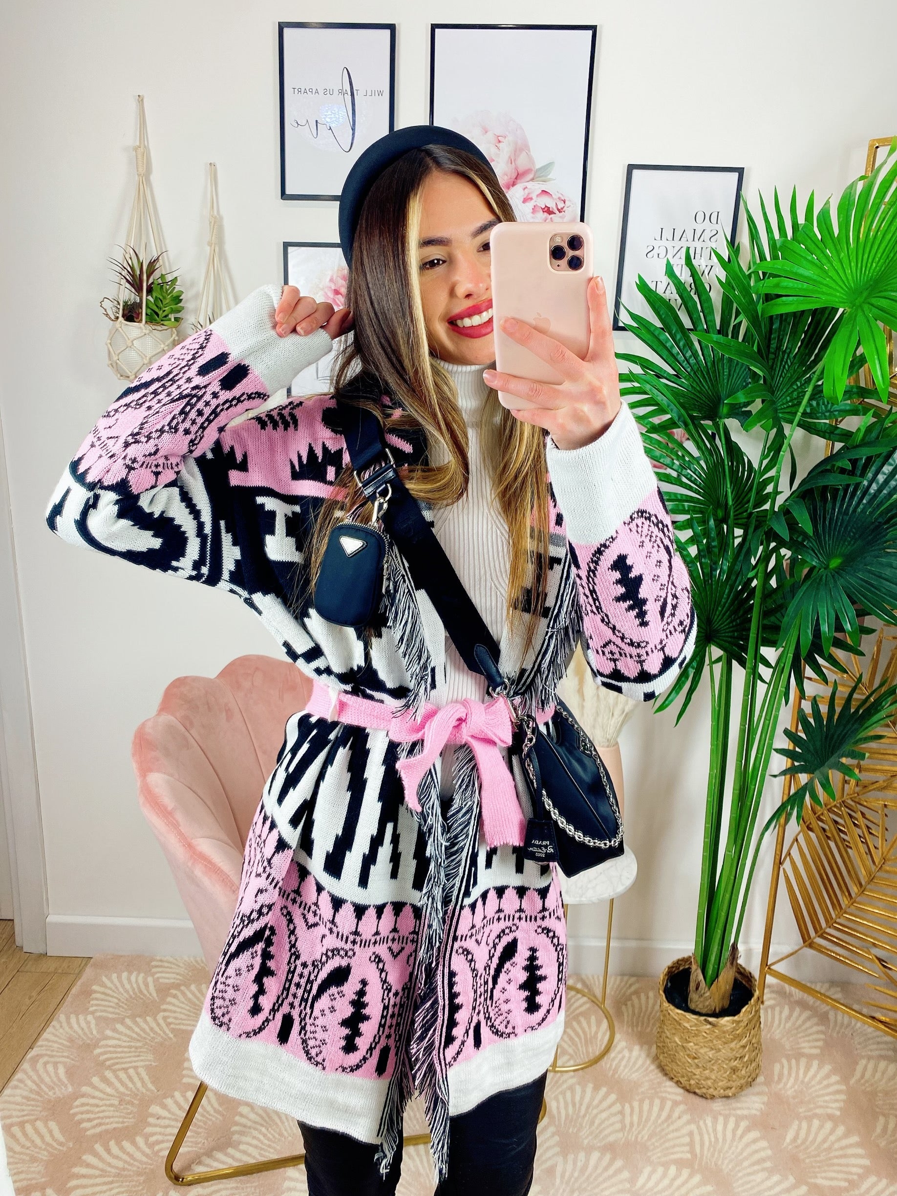 Cardigan Rosa Angel con frange e cinta