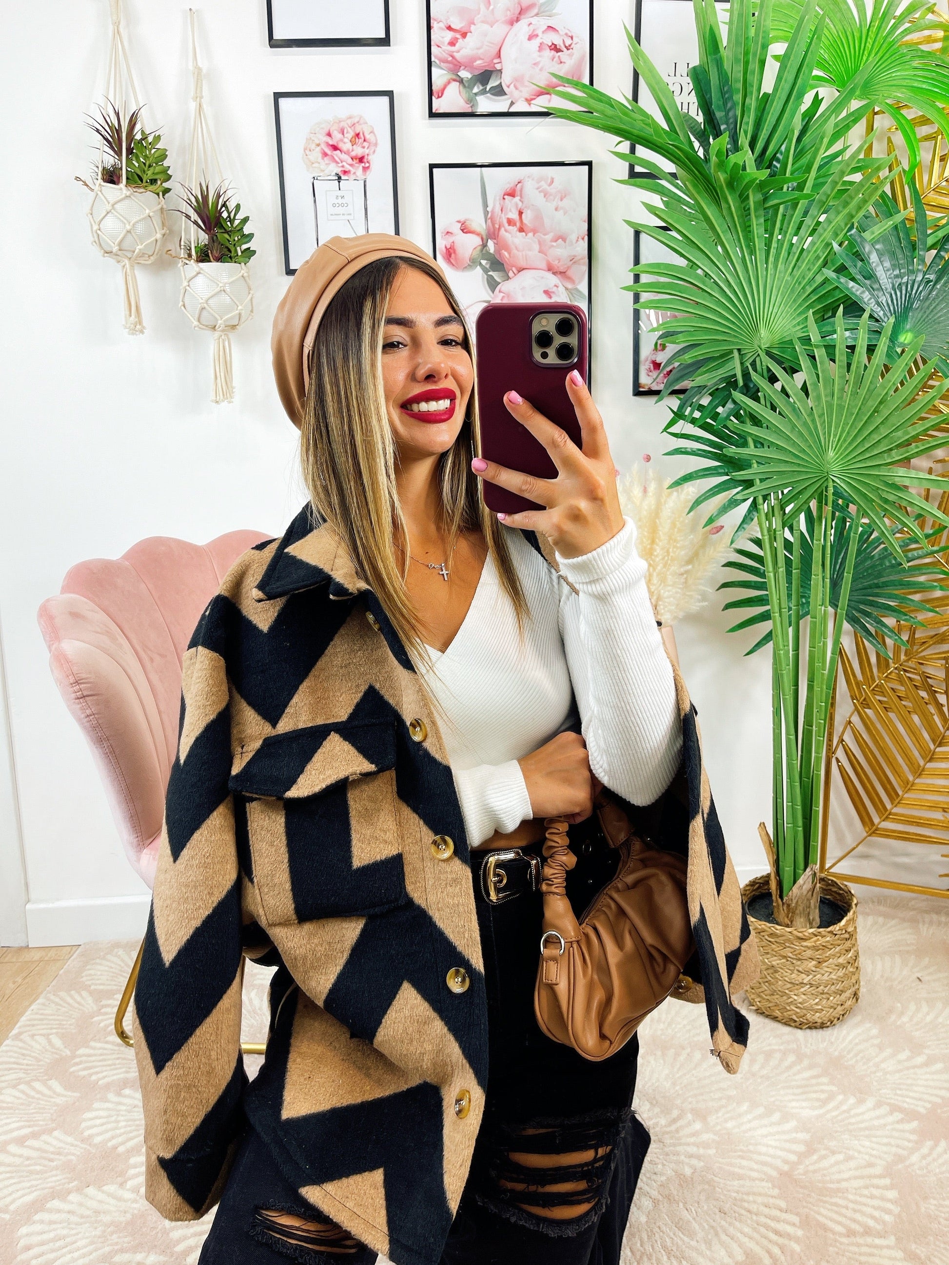 Giacca a quadri dettaglio beige zig zag