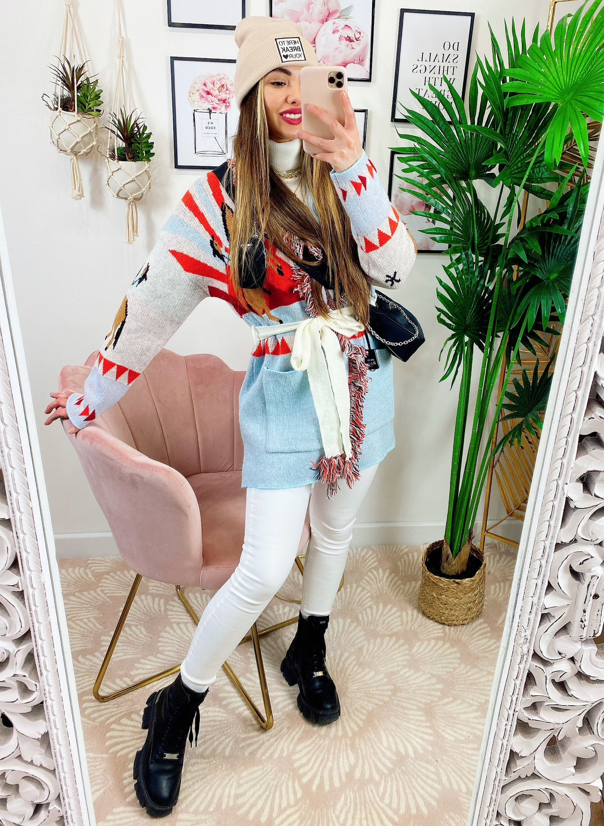 Cardigan con frange stampa cavallo Celeste