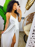 Abito in raso con maxi spacco bianco