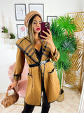Cappotto check camel con cintura