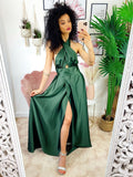 Abito in raso incrociato verde militare