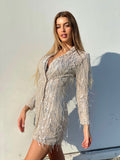 Abito nude frange in paillettes argento