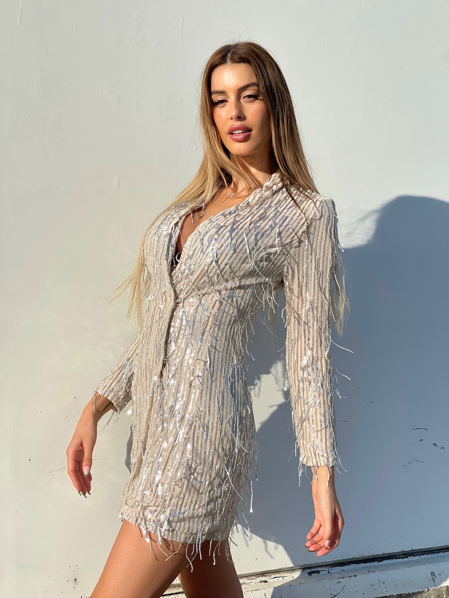 Abito nude frange in paillettes argento