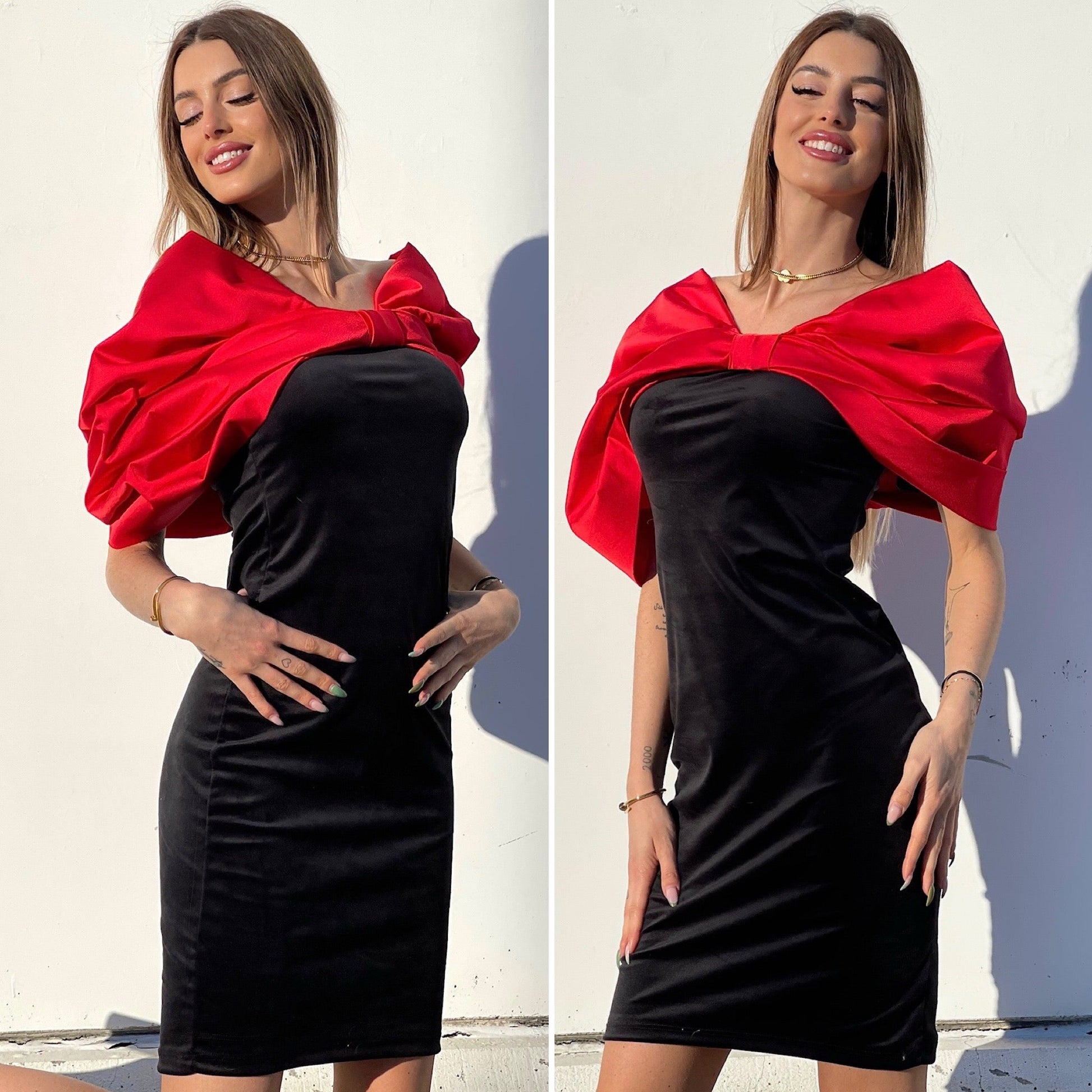 Abito in velluto con maxi fiocco rosso